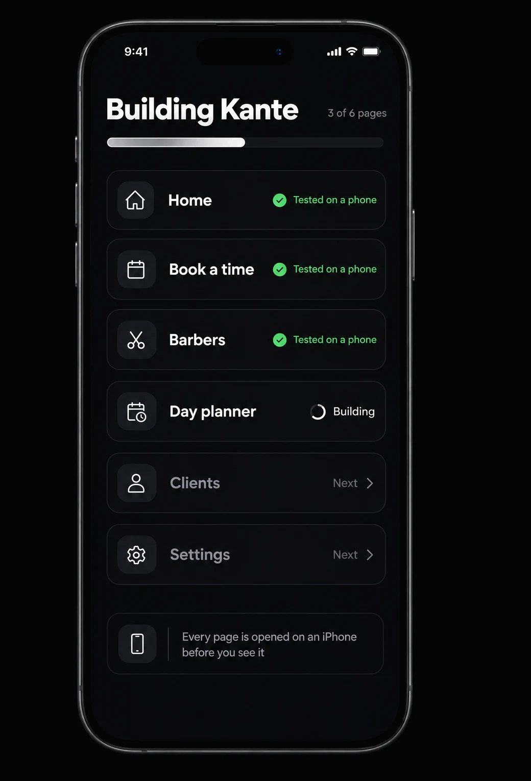 Kridona building the app and testing every page on a phone