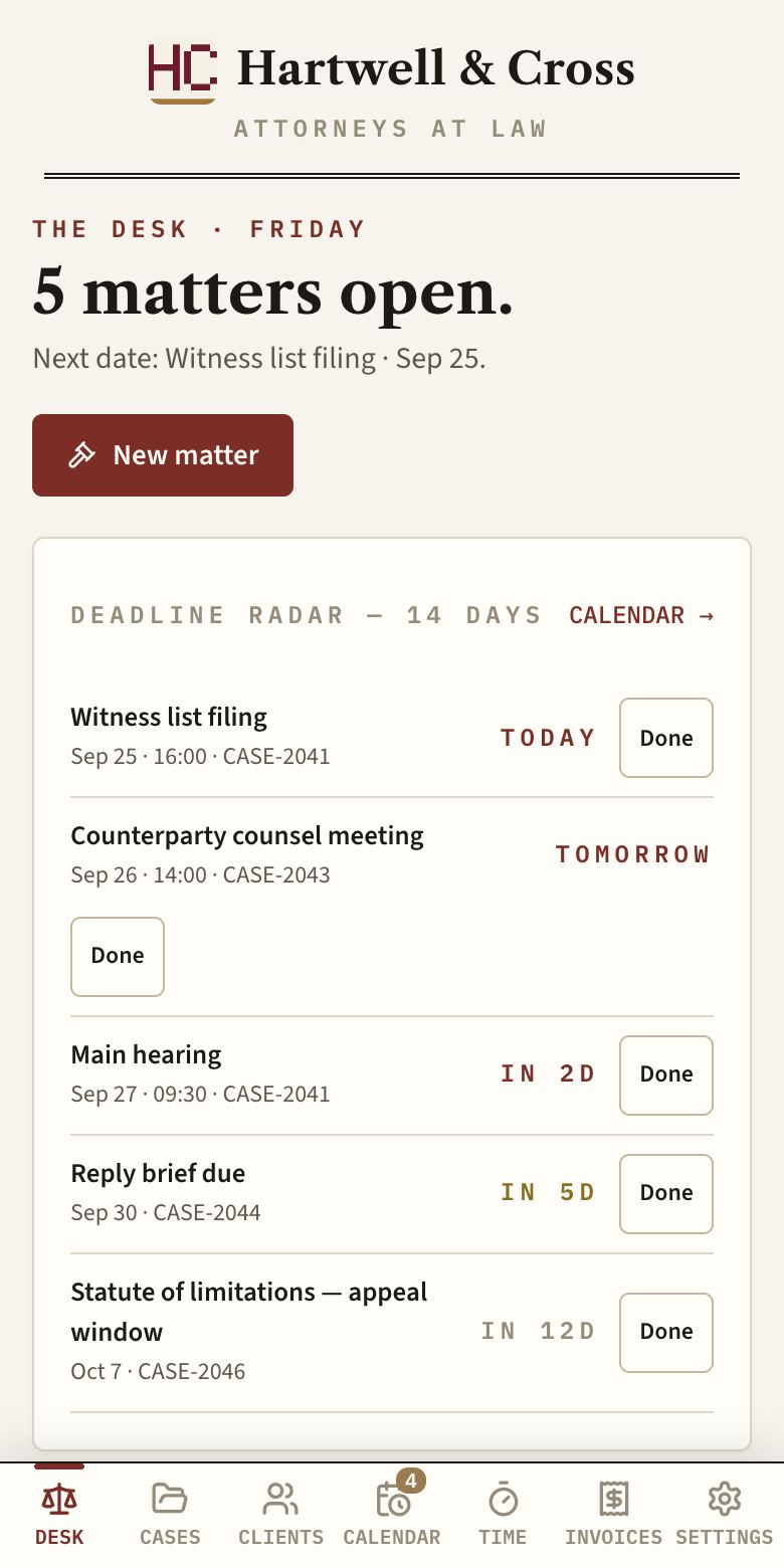 CASEFILE — law firm, built with Kridona