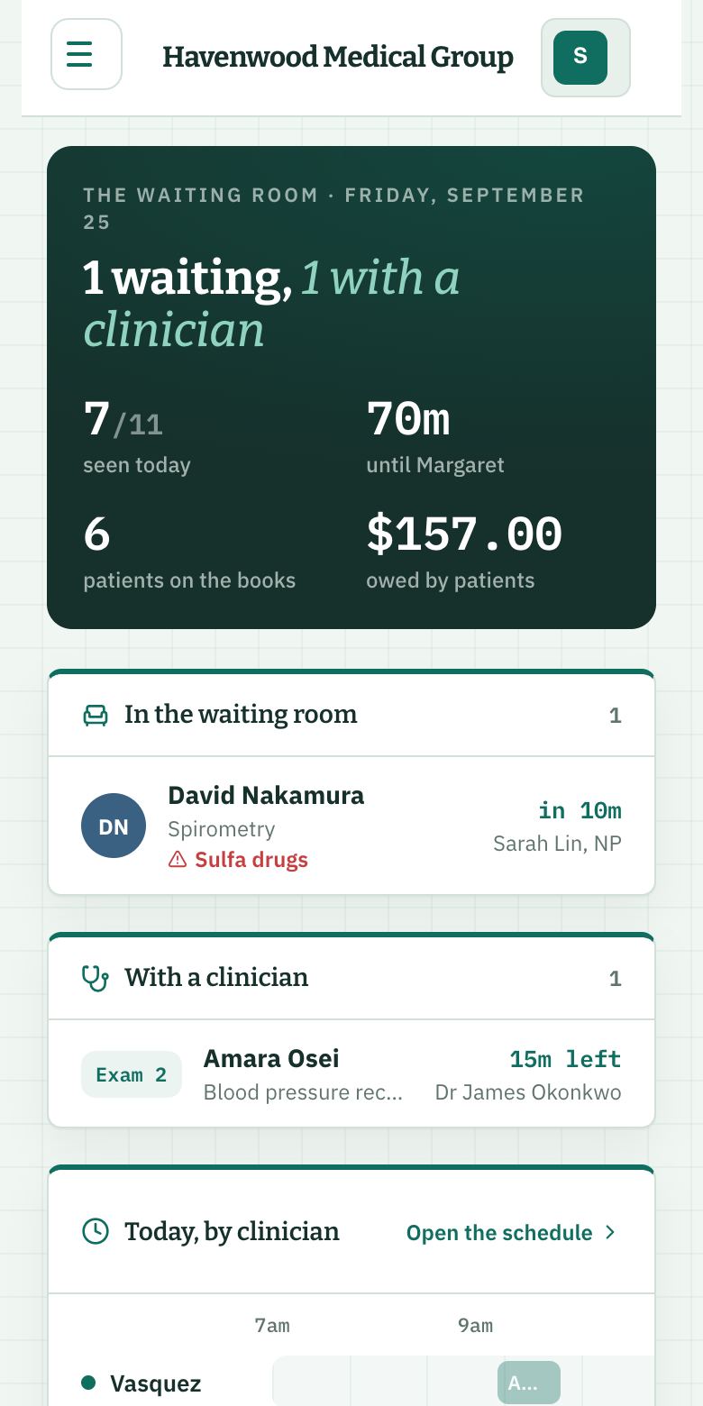 ClinicFlow — practice management, built with Kridona