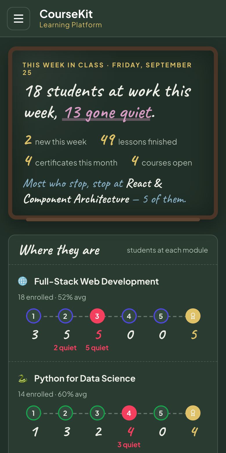 CourseKit — mini LMS, built with Kridona