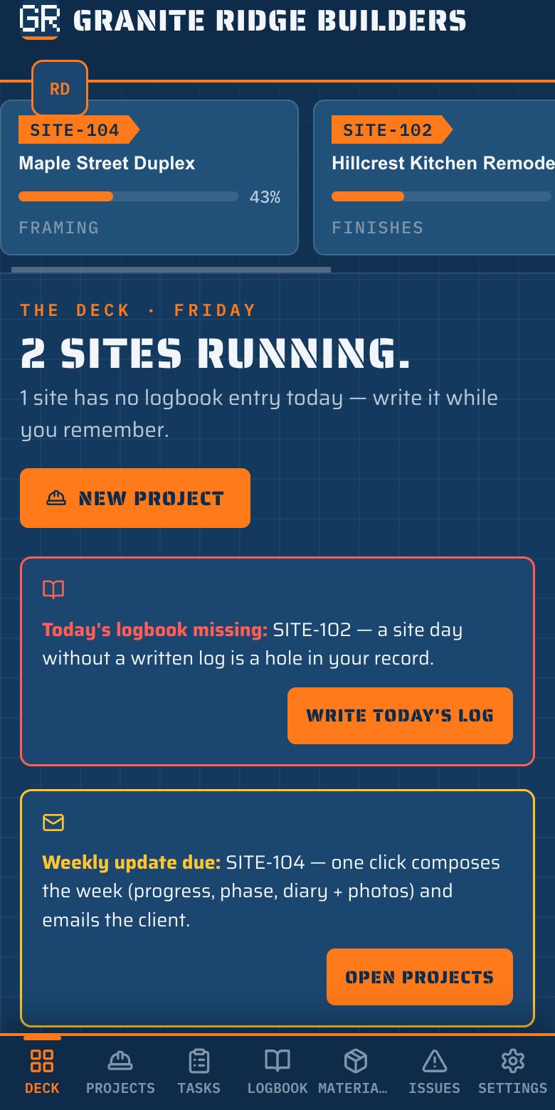 SITELOG — construction site, built with Kridona